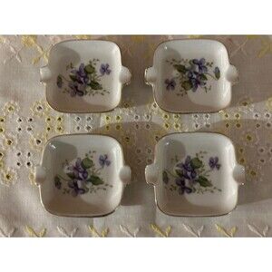 Vtg Porcelain Purple Violet Trinket Dishes Japan Mini Ashtray Gold Trim Set of 4